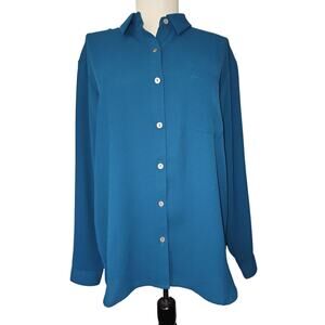 J Jill Top Tunic Womens XS Button Up Collared Long Sleeve Teal Green Career Work